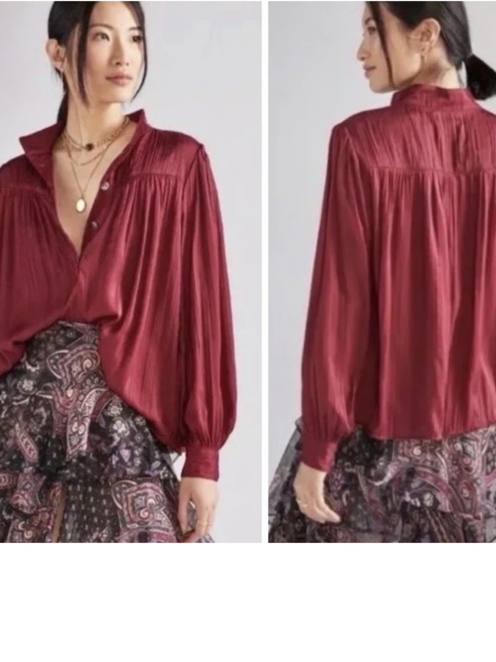 Anthropologie Relaxed Shimmer Satin Blouse Dark Cherry Red Henley Button